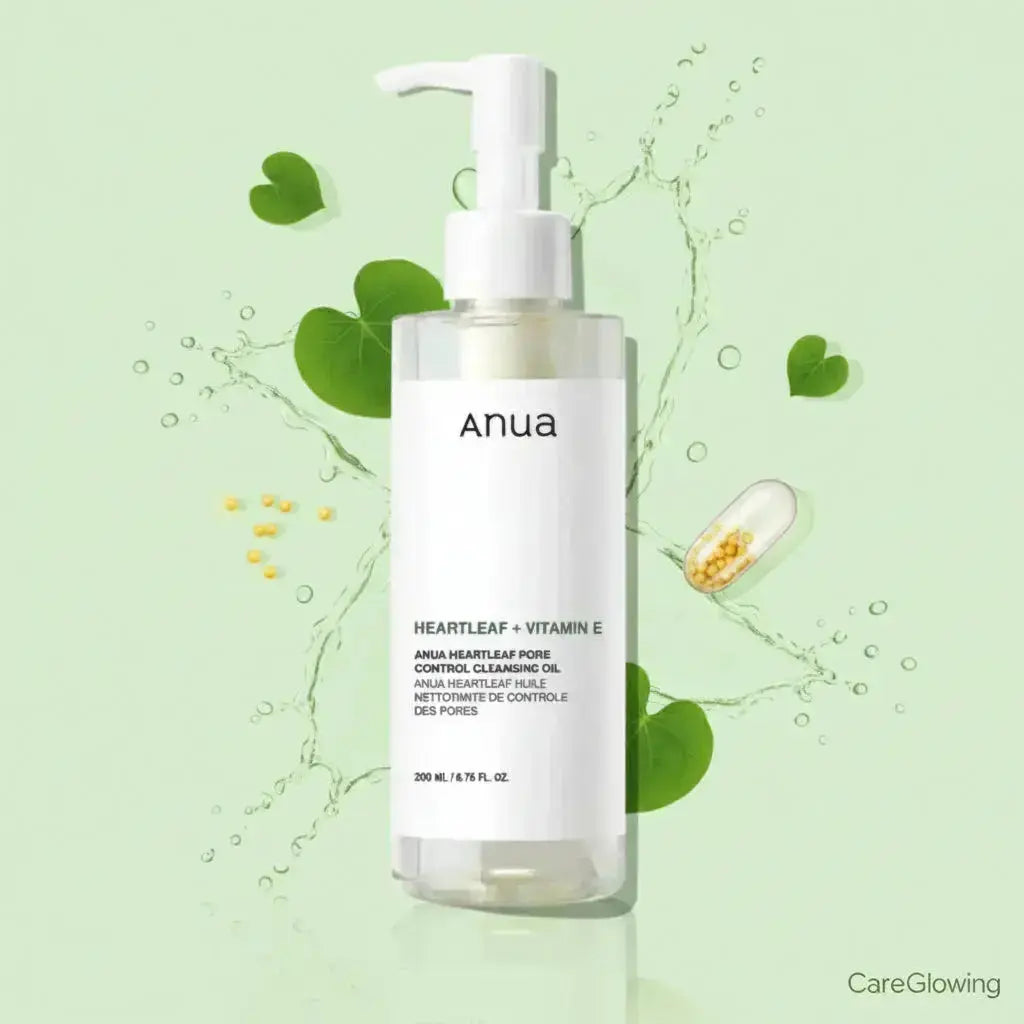Un flacon pompe transparent de l’huile nettoyante Anua Heartleaf + Vitamine E est posé sur un fond vert clair orné de feuilles de cœur, de petites perles jaunes et d’une capsule transparente, évoquant la fraîcheur et les bienfaits de la vitamine E.